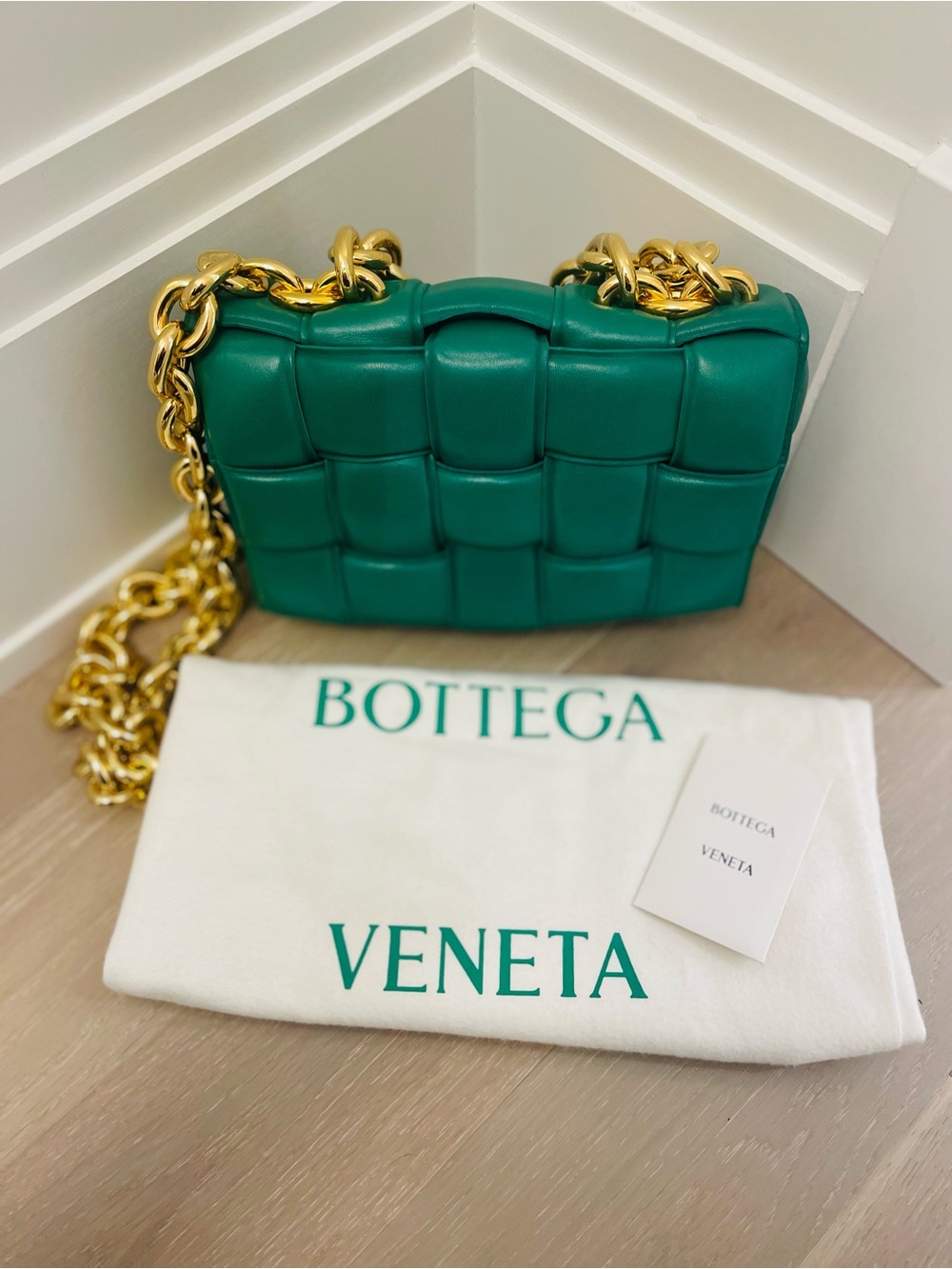 Bottega Veneta Padded Intrecciato Shoulder Bag in Emerald Green with Gold Chain